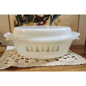 Fire King Candle Glow Oval Tab Handle Casserole Dish w/Lid Starburst 1 qt Vintag